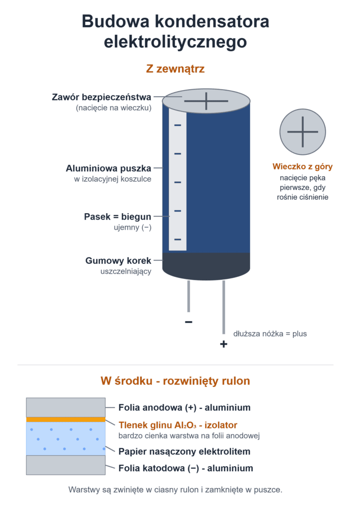 Budowa kondensatora elektrolitycznego - puszka, zawór bezpieczeństwa, folie aluminiowe, tlenek glinu i elektrolit